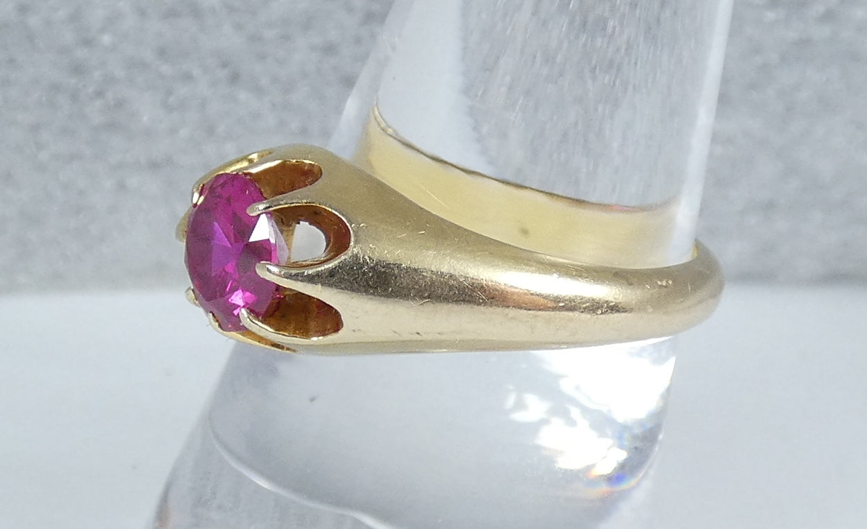 Vintage Heavy Solid 9ct Yellow Gold Pink Red Ruby Signet Dress Ring Size 10 T 61