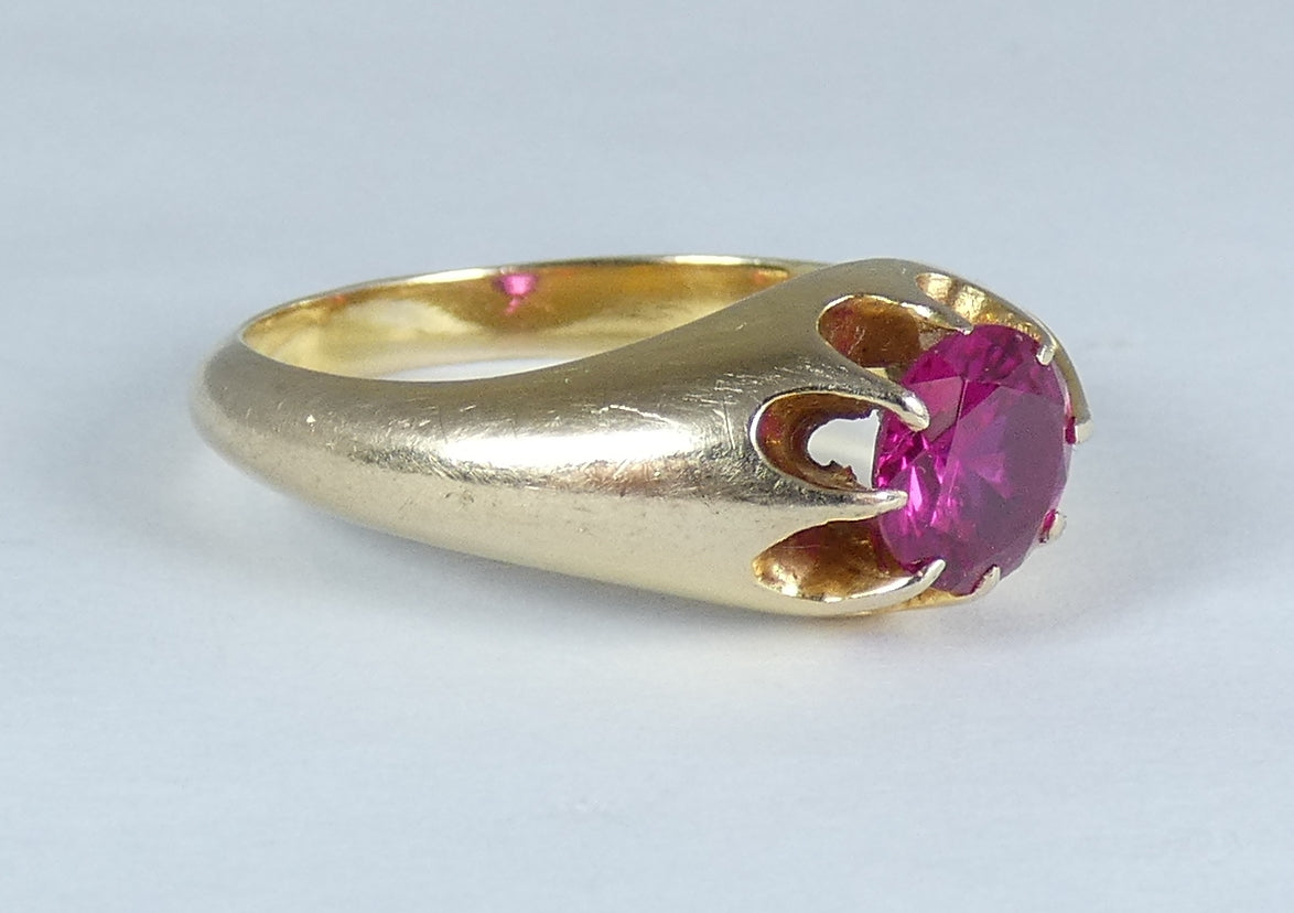 Vintage Heavy Solid 9ct Yellow Gold Pink Red Ruby Signet Dress Ring Size 10 T 61