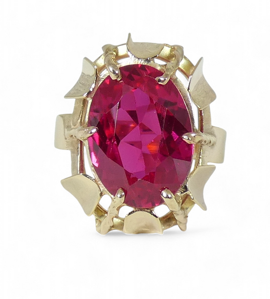 Vintage Solid 9ct Yellow Gold Pink Oval Cut Ruby Cocktail Dress Ring Size 7 N 54