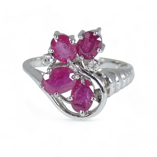 Solid 9ct White Gold Ruby & Diamond Cluster Cocktail Dress Ring Size 7.5 O 55