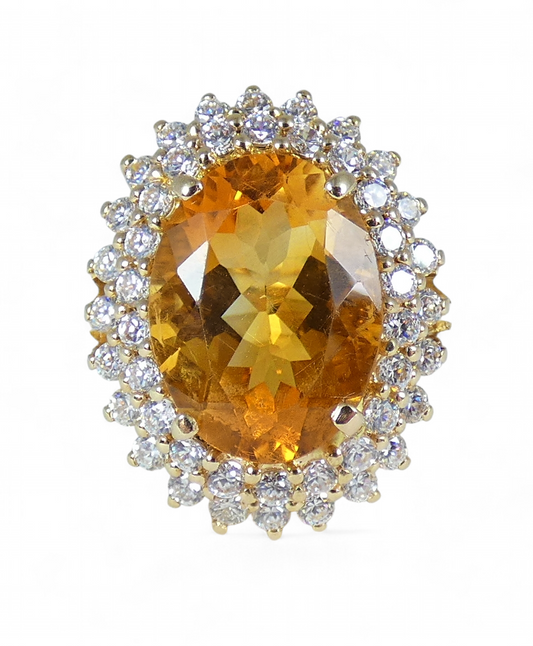 Solid 9ct Yellow Gold Citrine & CZ Cluster Cocktail Dress Ring Size 10 T 61 375