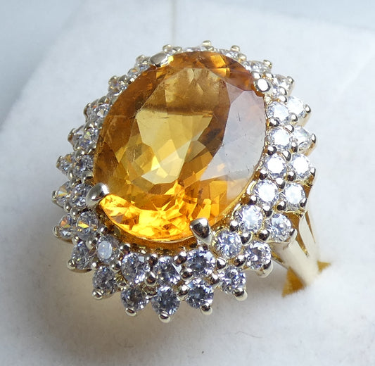 Solid 9ct Yellow Gold Citrine & CZ Cluster Cocktail Dress Ring Size 10 T 61 375