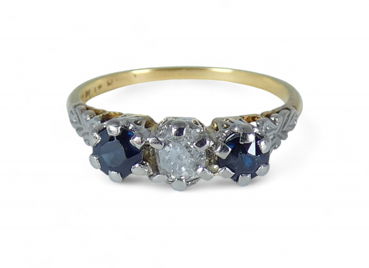 Antique Vintage 18ct Yellow Gold Sapphire & Diamond Dress Wedding Ring 7.5 O 55
