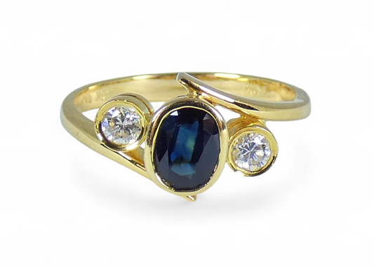 Solid 18ct Yellow Gold Parti Sapphire & Diamond Trilogy Dress Ring Size 6.5 M 52