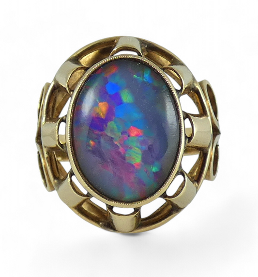 Vintage Large Solid 9ct Yellow Gold Opal Cocktail Dress Ring Size 7.5 O 55 6gm
