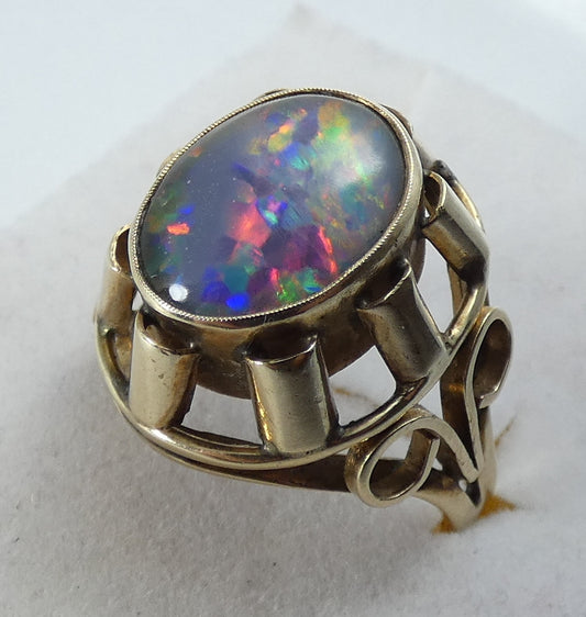 Vintage Large Solid 9ct Yellow Gold Opal Cocktail Dress Ring Size 7.5 O 55 6gm
