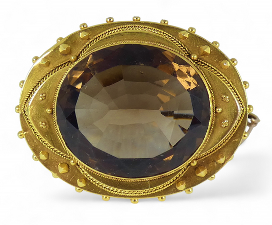 Large Antique 1890 Victorian Solid 18ct Gold & 54ct Smoky Quartz Brooch Pin 23gm