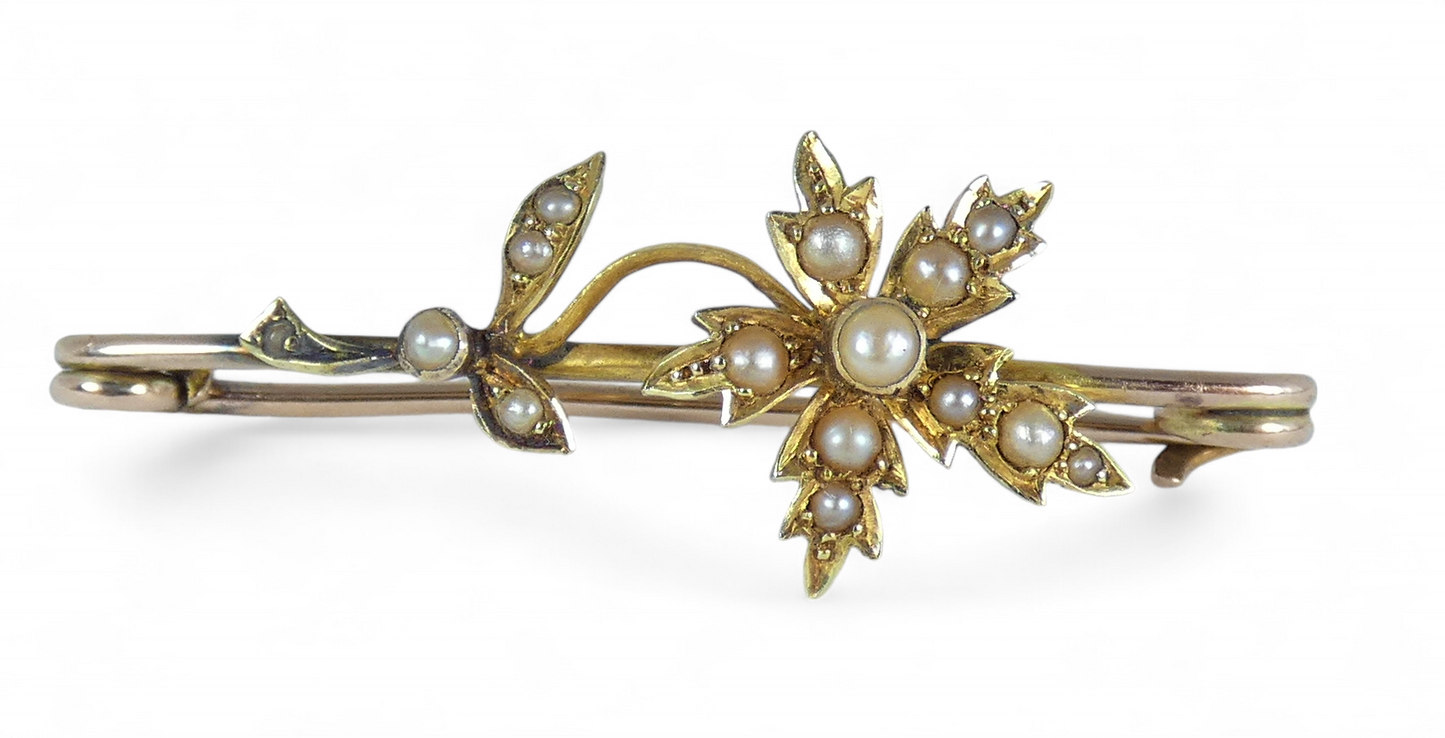 Antique Edwardian 1910 Solid 15ct Yellow Gold & Seed Pearl Flower Bar Brooch Pin