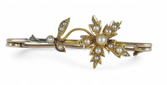 Antique Edwardian 1910 Solid 15ct Yellow Gold & Seed Pearl Flower Bar Brooch Pin