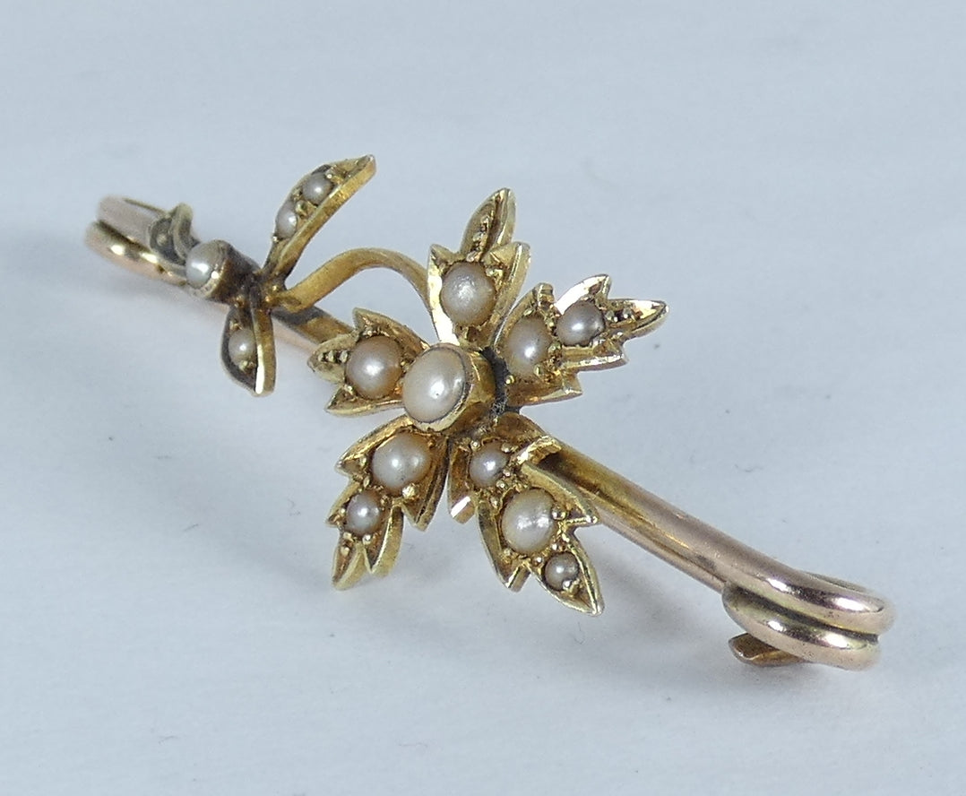 Antique Edwardian 1910 Solid 15ct Yellow Gold & Seed Pearl Flower Bar Brooch Pin