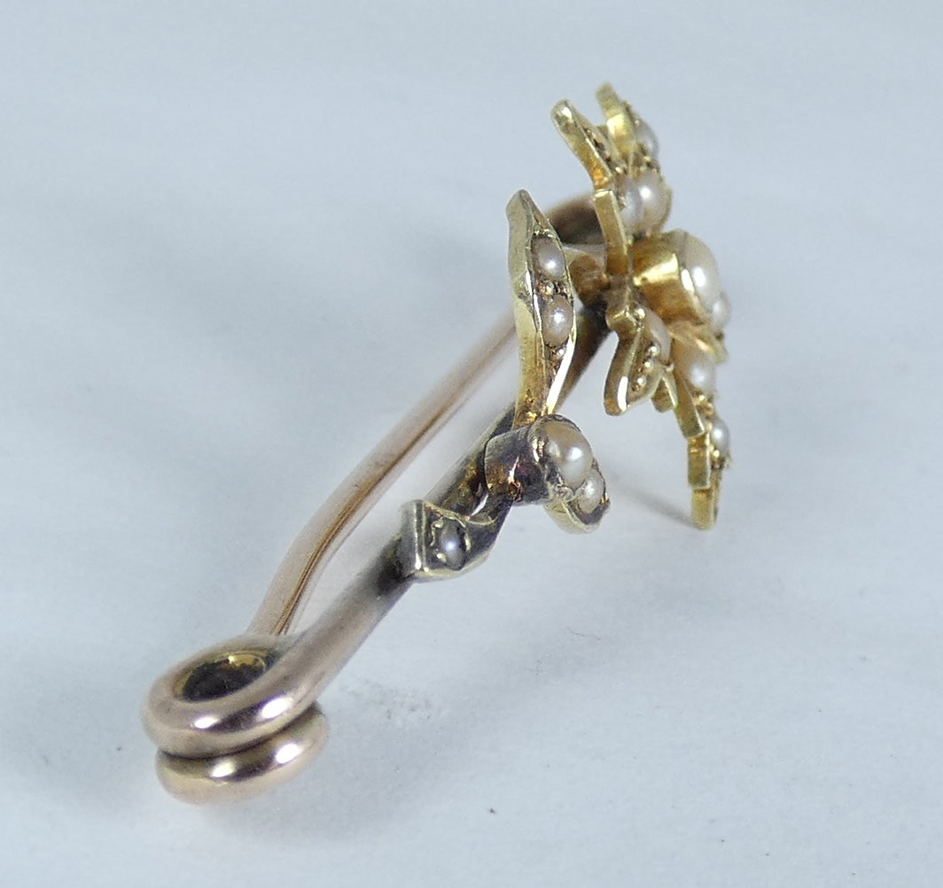 Antique Edwardian 1910 Solid 15ct Yellow Gold & Seed Pearl Flower Bar Brooch Pin