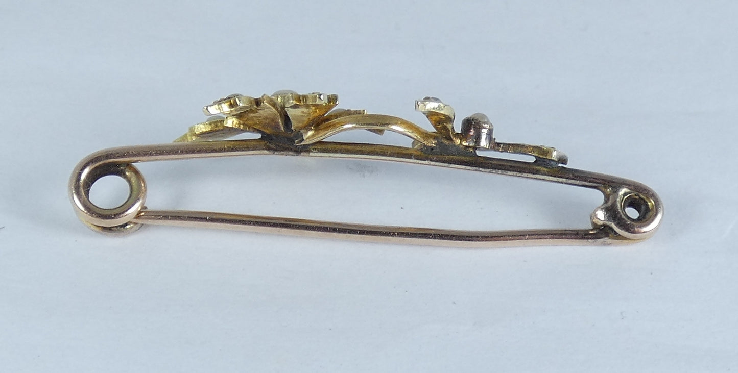 Antique Edwardian 1910 Solid 15ct Yellow Gold & Seed Pearl Flower Bar Brooch Pin