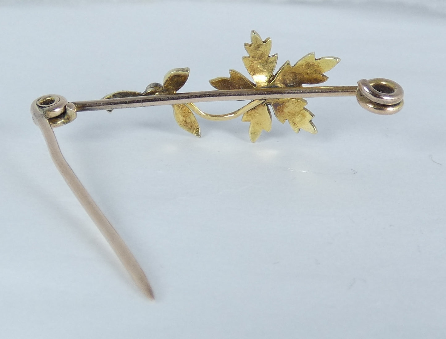 Antique Edwardian 1910 Solid 15ct Yellow Gold & Seed Pearl Flower Bar Brooch Pin