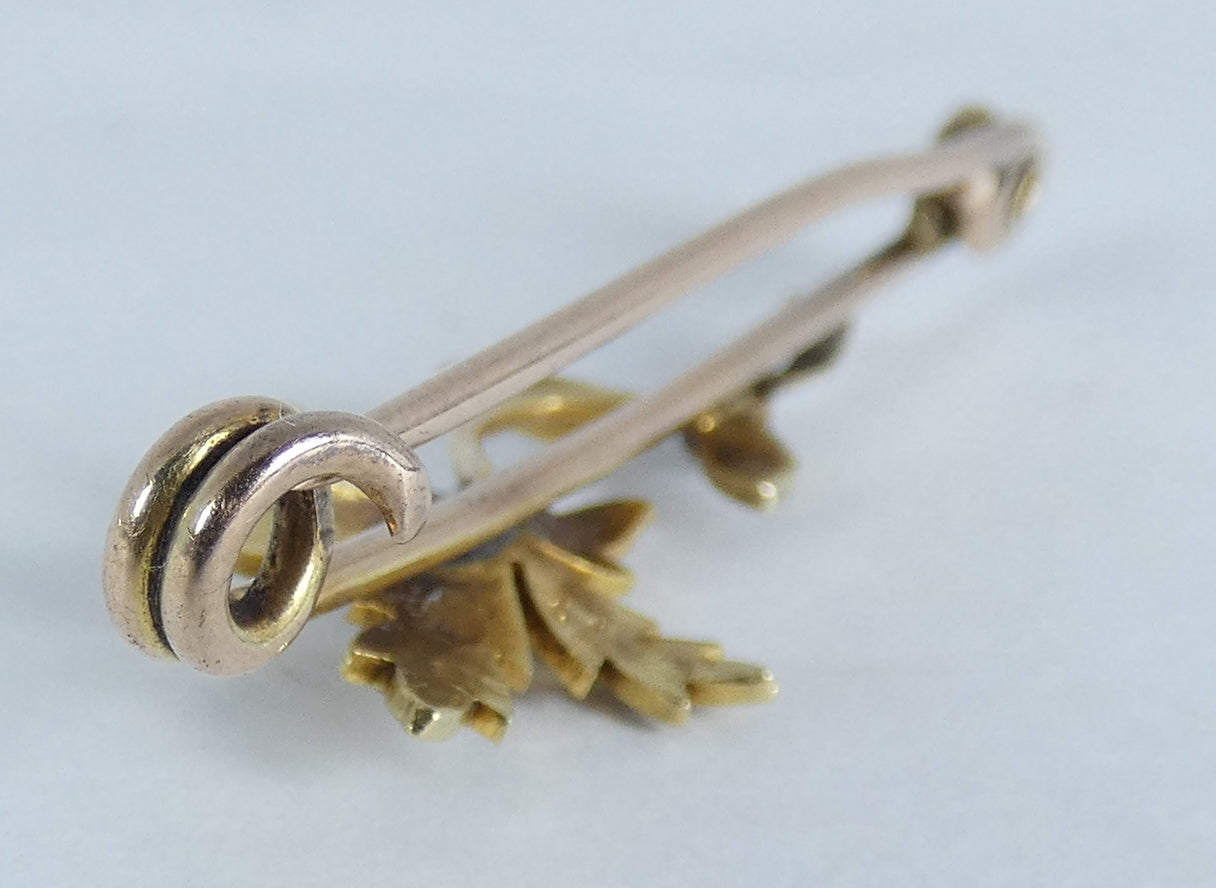 Antique Edwardian 1910 Solid 15ct Yellow Gold & Seed Pearl Flower Bar Brooch Pin