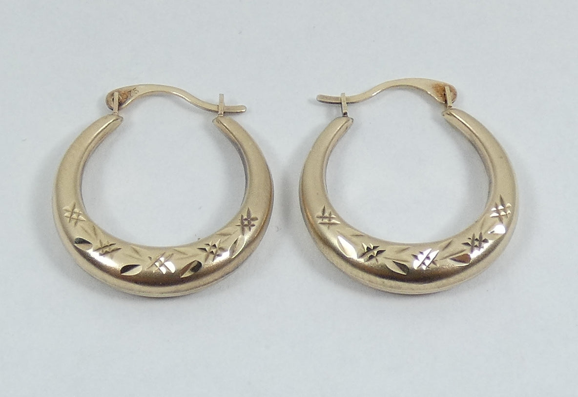 Vintage Solid 9ct Yellow Gold Pair of 18mm Hoop Earrings Set Matte Bright Cut
