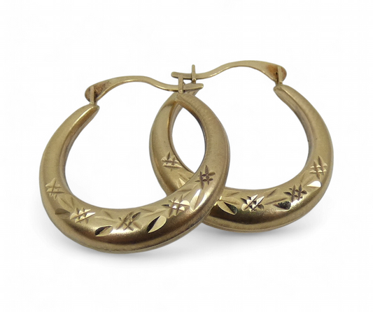 Vintage Solid 9ct Yellow Gold Pair of 18mm Hoop Earrings Set Matte Bright Cut
