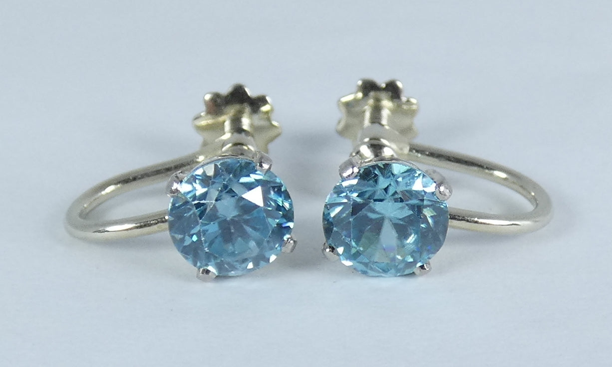 Vintage Pair Solid 18ct Yellow White Gold Blue Zircon French Screw Earrings Set