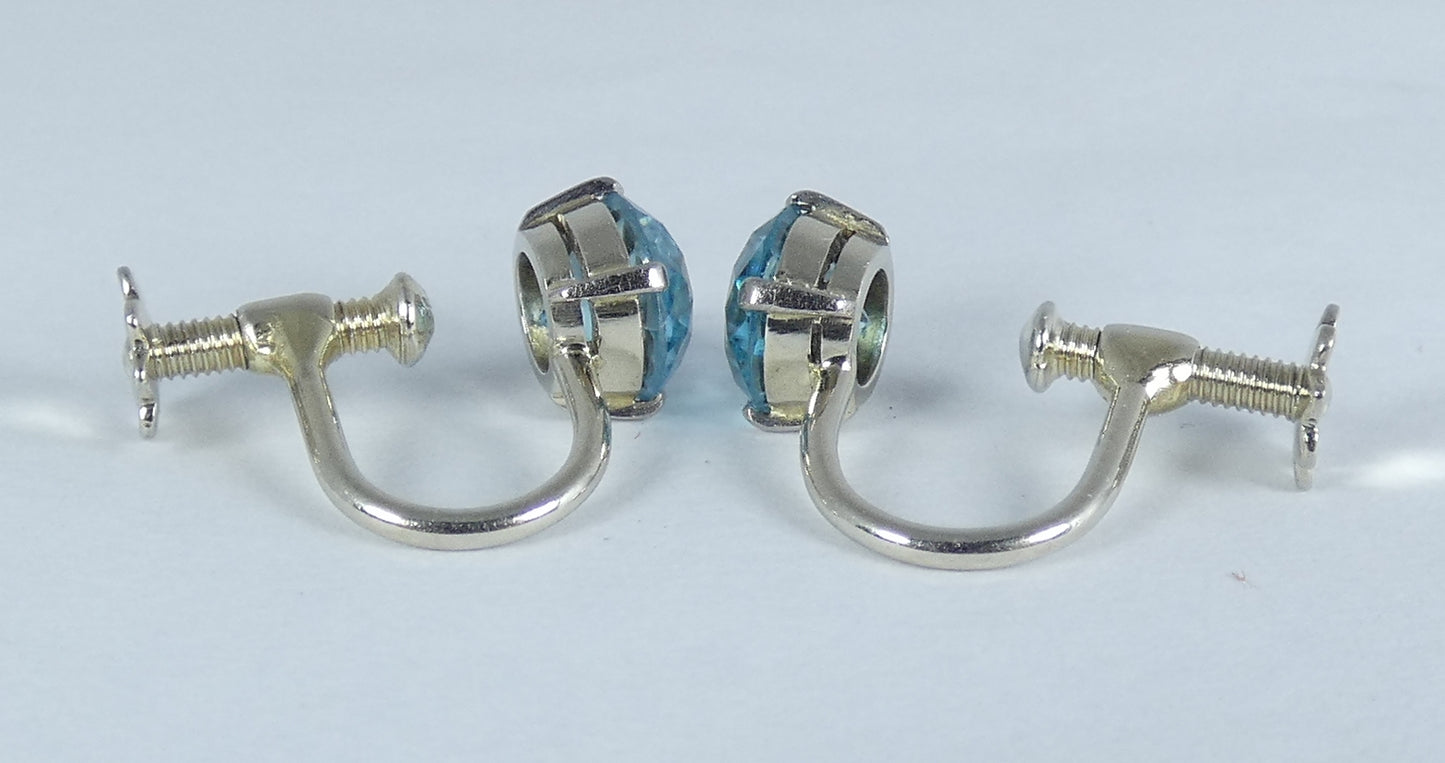 Vintage Pair Solid 18ct Yellow White Gold Blue Zircon French Screw Earrings Set