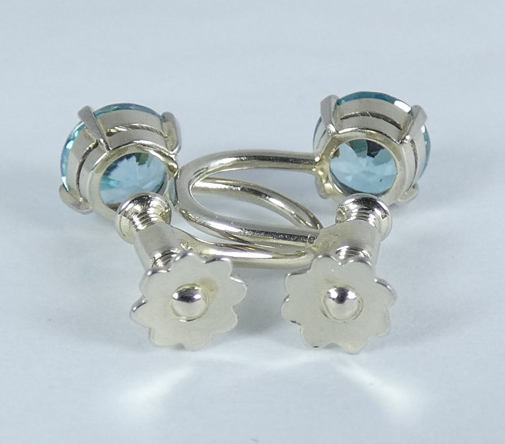 Vintage Pair Solid 18ct Yellow White Gold Blue Zircon French Screw Earrings Set