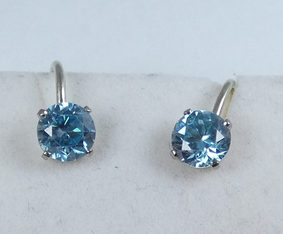 Vintage Pair Solid 18ct Yellow White Gold Blue Zircon French Screw Earrings Set
