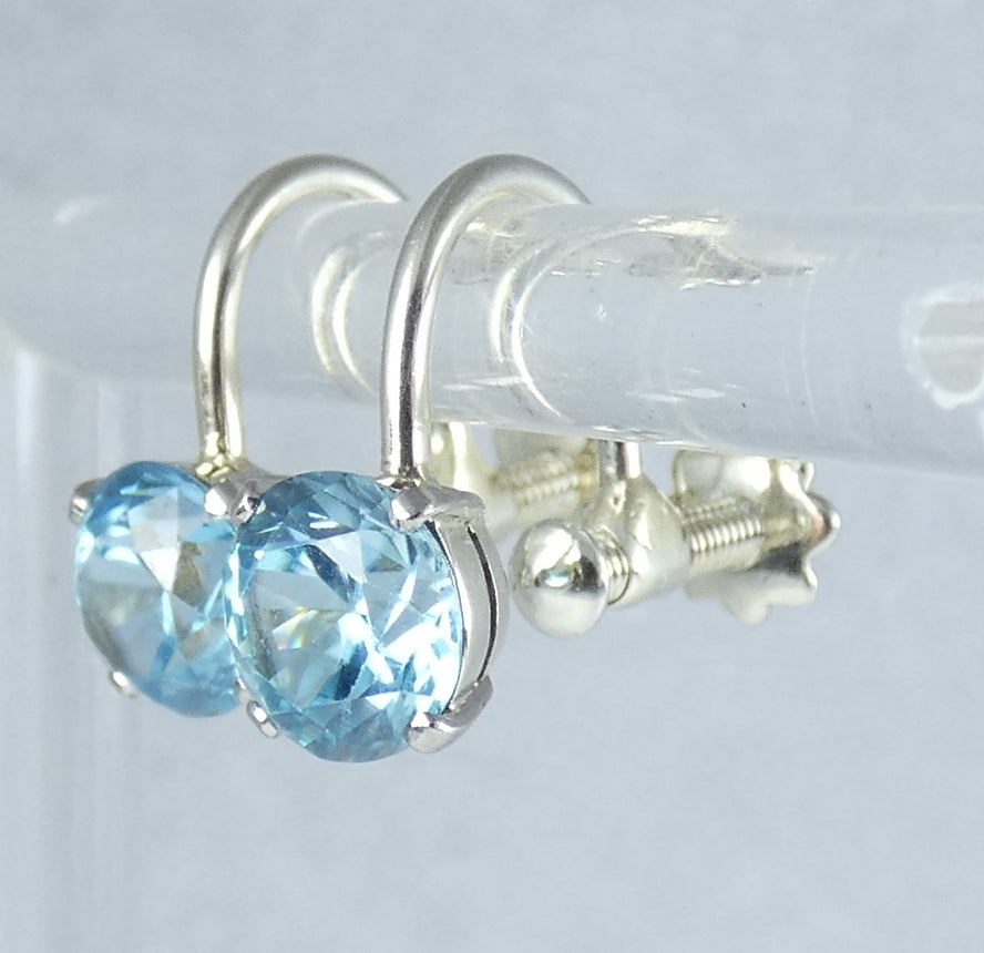 Vintage Pair Solid 18ct Yellow White Gold Blue Zircon French Screw Earrings Set