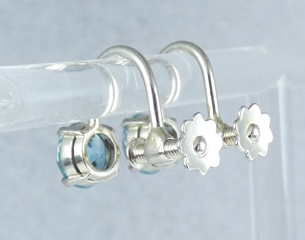 Vintage Pair Solid 18ct Yellow White Gold Blue Zircon French Screw Earrings Set