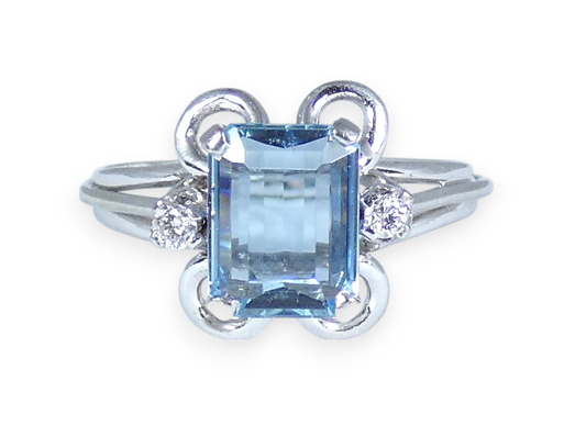 Solid 18ct White Gold 1ct Aquamarine & Diamond Dress Scroll Ring Size 6.5 M 52