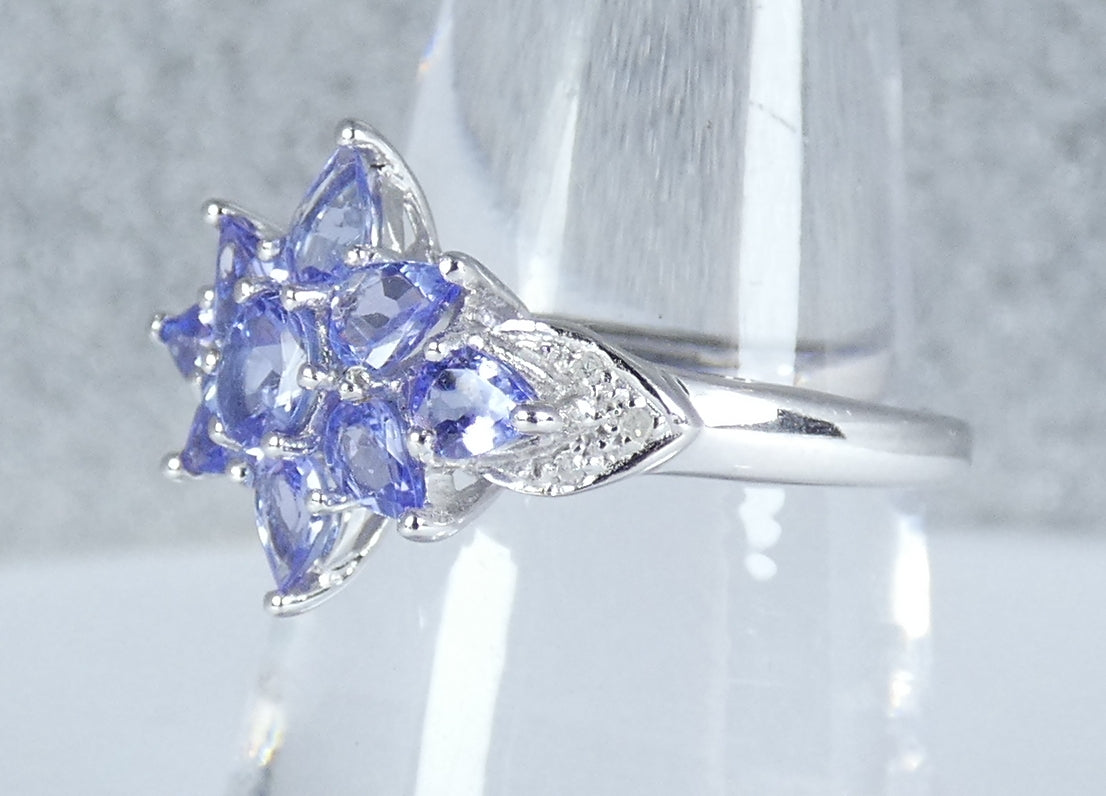 Solid 10ct White Gold Tanzanite Diamond Cluster Dress Flower Ring Size 7.5 O 55