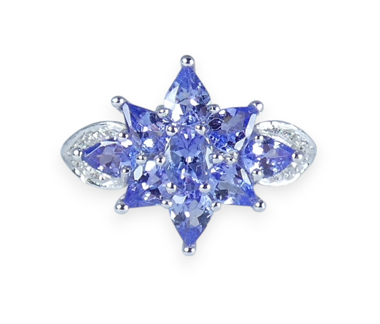 Solid 10ct White Gold Tanzanite Diamond Cluster Dress Flower Ring Size 7.5 O 55