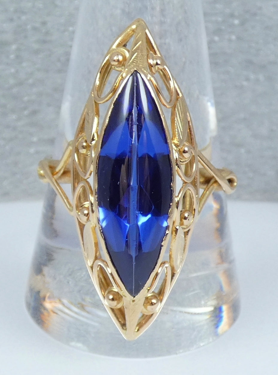 Vintage Large 14ct Yellow Gold Marquise Sapphire Navette Cocktail Ring 11.5 W 65