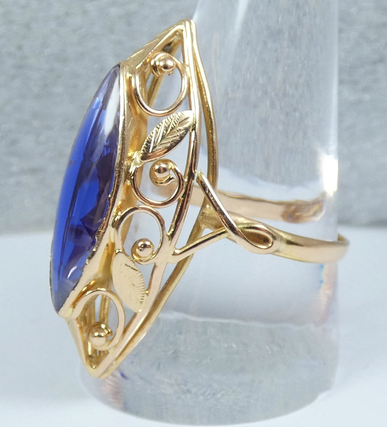 Vintage Large 14ct Yellow Gold Marquise Sapphire Navette Cocktail Ring 11.5 W 65