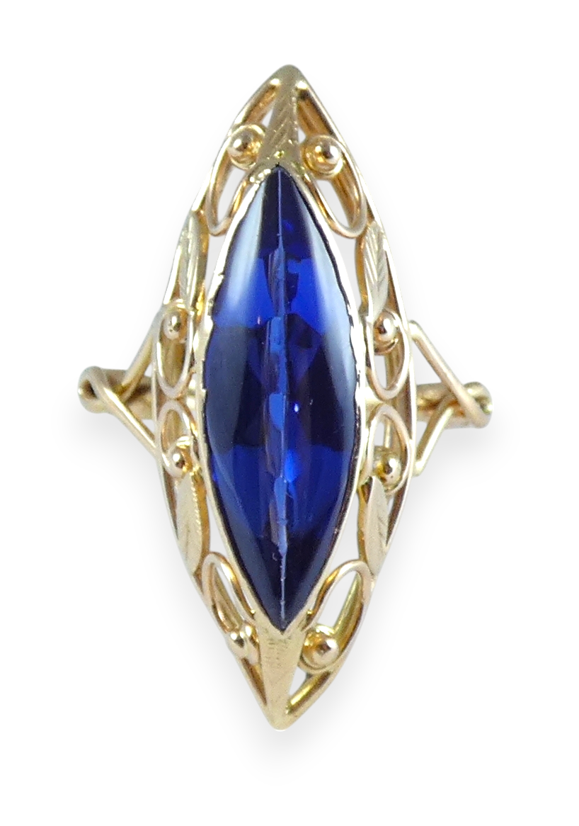 Vintage Large 14ct Yellow Gold Marquise Sapphire Navette Cocktail Ring 11.5 W 65