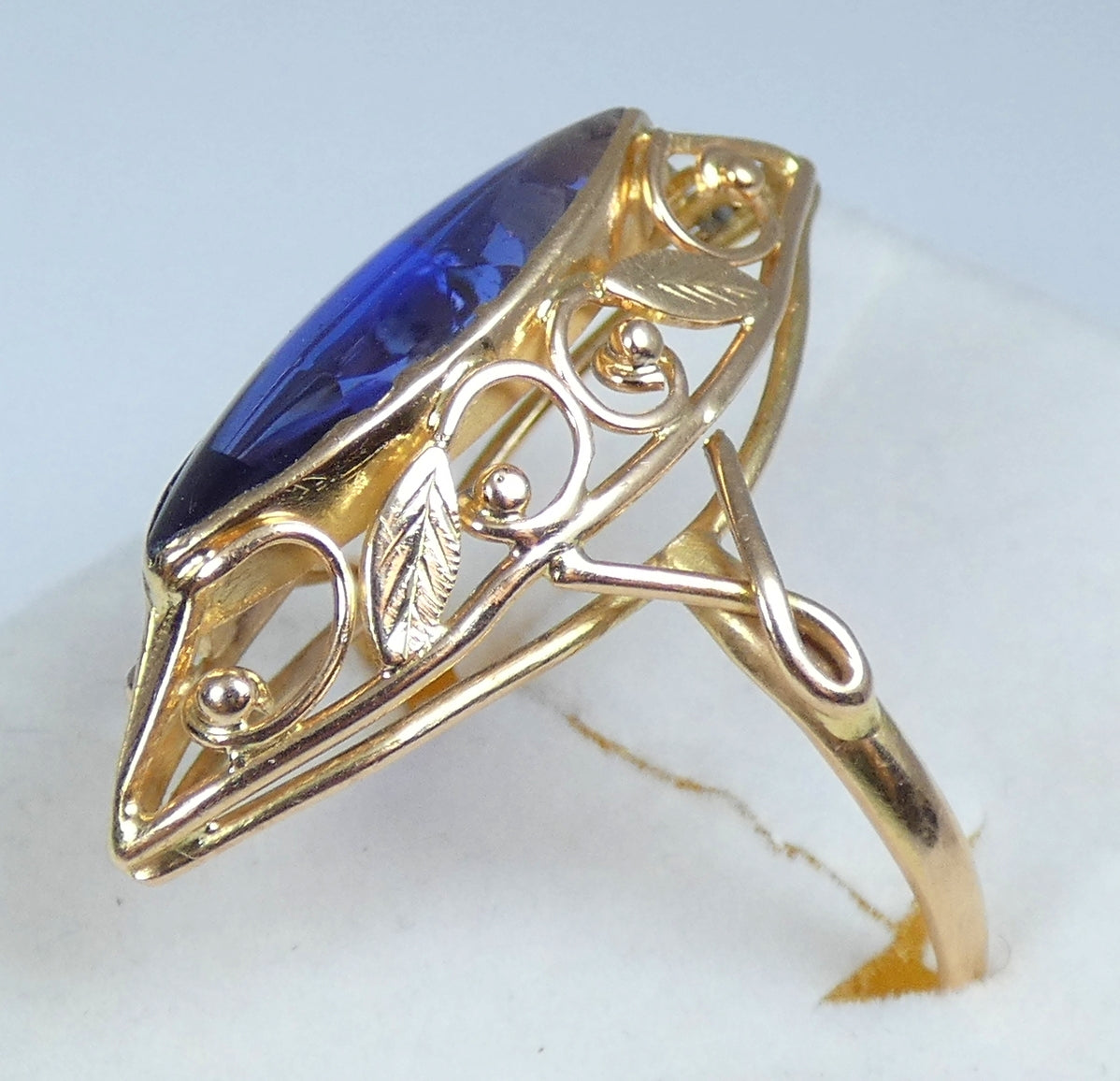 Vintage Large 14ct Yellow Gold Marquise Sapphire Navette Cocktail Ring 11.5 W 65