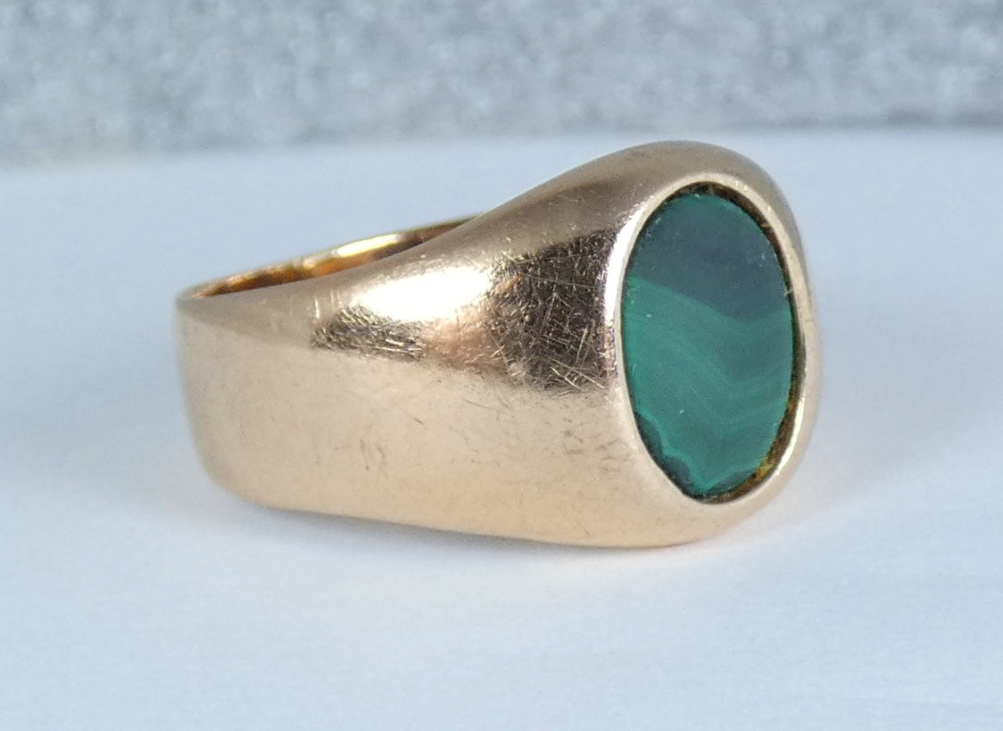 Vintage Solid 18ct Yellow Gold Malachite Signet Solitaire Dress Ring 8.5 Q 58