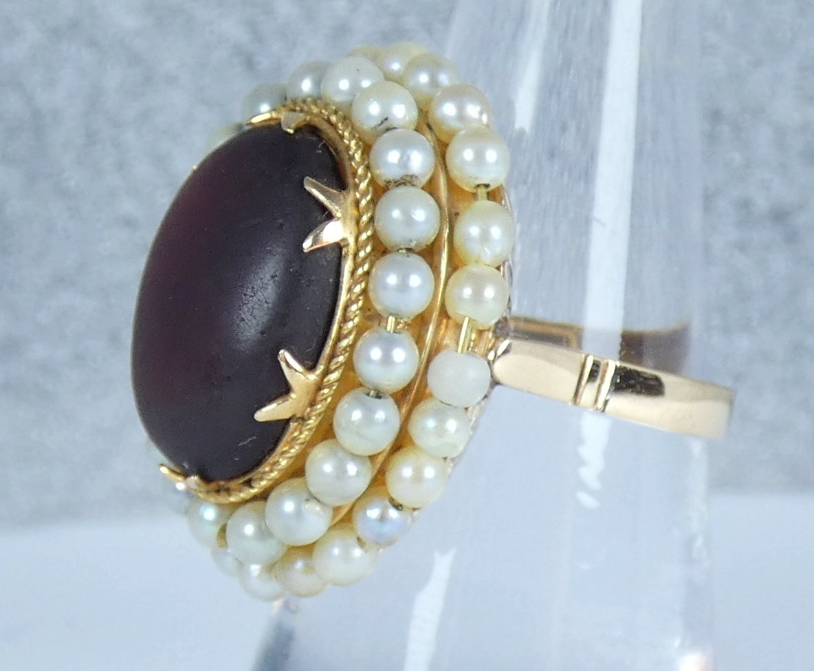 Antique Vintage Solid 18ct Yellow Gold Amber & Pearl Cocktail Dress Ring 7 N 54
