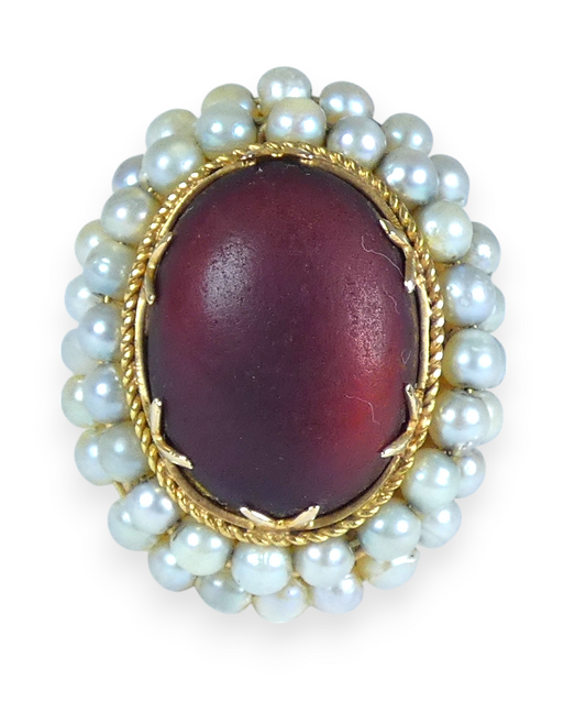 Antique Vintage Solid 18ct Yellow Gold Amber & Pearl Cocktail Dress Ring 7 N 54