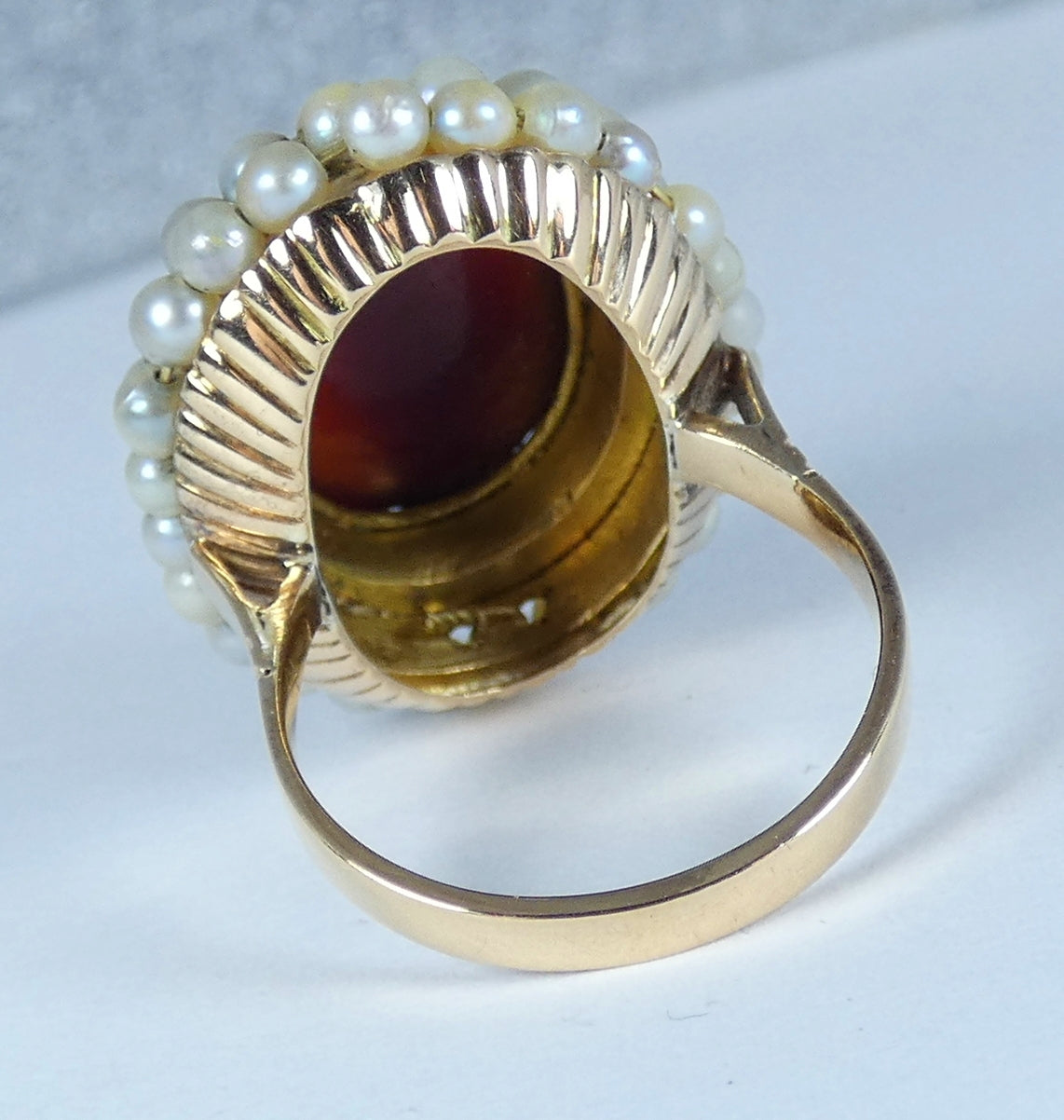 Antique Vintage Solid 18ct Yellow Gold Amber & Pearl Cocktail Dress Ring 7 N 54