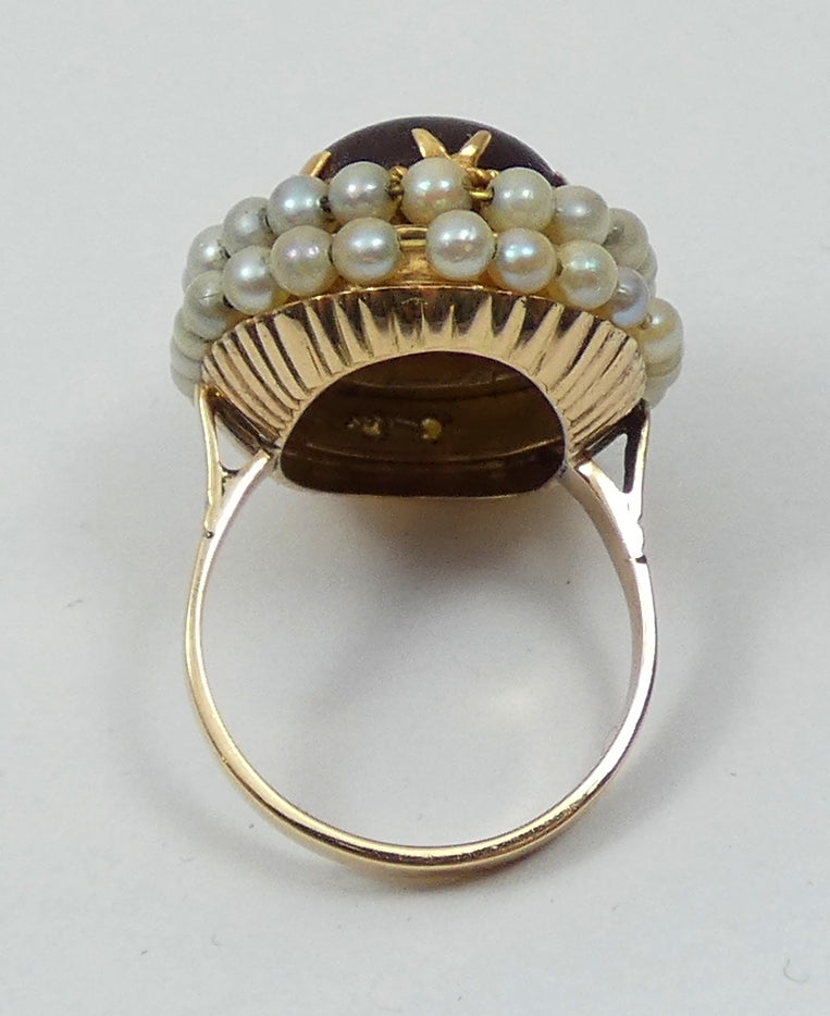 Antique Vintage Solid 18ct Yellow Gold Amber & Pearl Cocktail Dress Ring 7 N 54