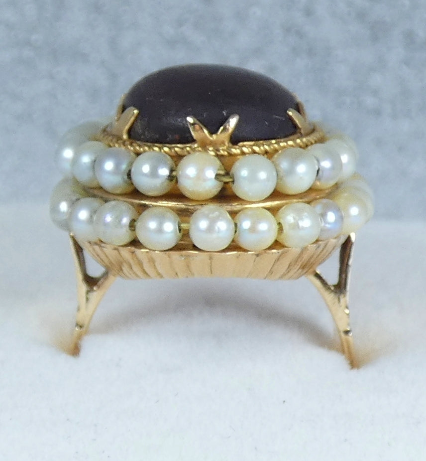 Antique Vintage Solid 18ct Yellow Gold Amber & Pearl Cocktail Dress Ring 7 N 54