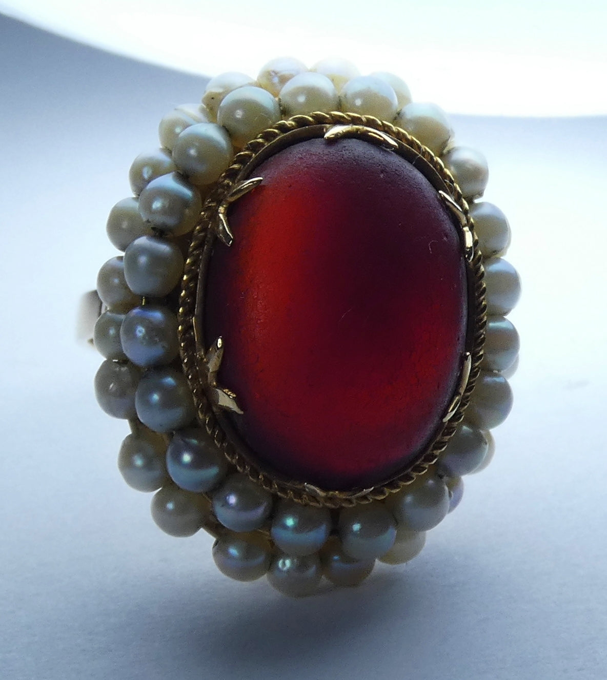 Antique Vintage Solid 18ct Yellow Gold Amber & Pearl Cocktail Dress Ring 7 N 54