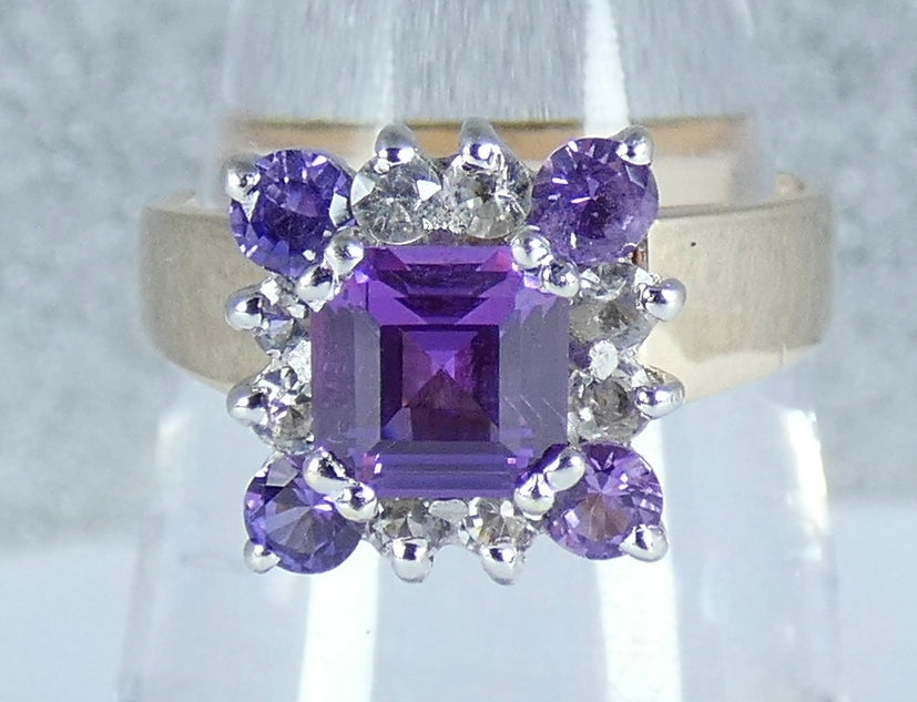 Vintage Solid 9ct Yellow Gold Purple Sapphire Spinel Cluster Dress Ring 7.5 O 55