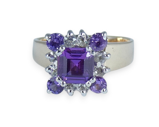 Vintage Solid 9ct Yellow Gold Purple Sapphire Spinel Cluster Dress Ring 7.5 O 55
