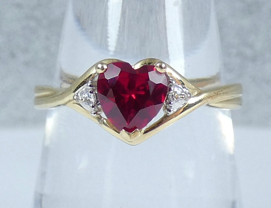 Solid 9ct Yellow Gold Ruby & Diamond Love Heart Dress Ring Size 7.5 O 55 JP88