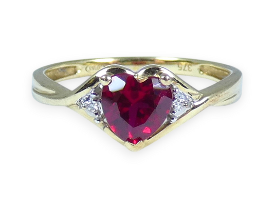 Solid 9ct Yellow Gold Ruby & Diamond Love Heart Dress Ring Size 7.5 O 55 JP88