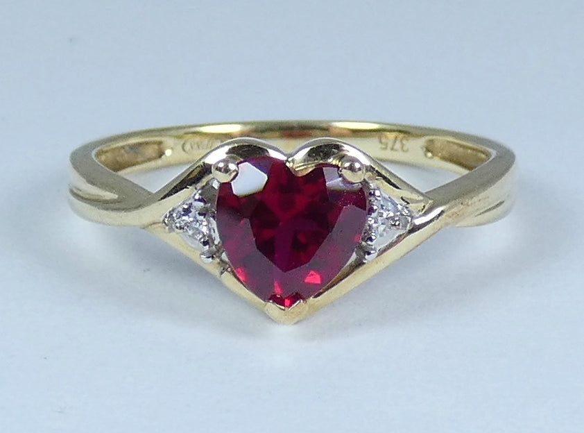 Solid 9ct Yellow Gold Ruby & Diamond Love Heart Dress Ring Size 7.5 O 55 JP88