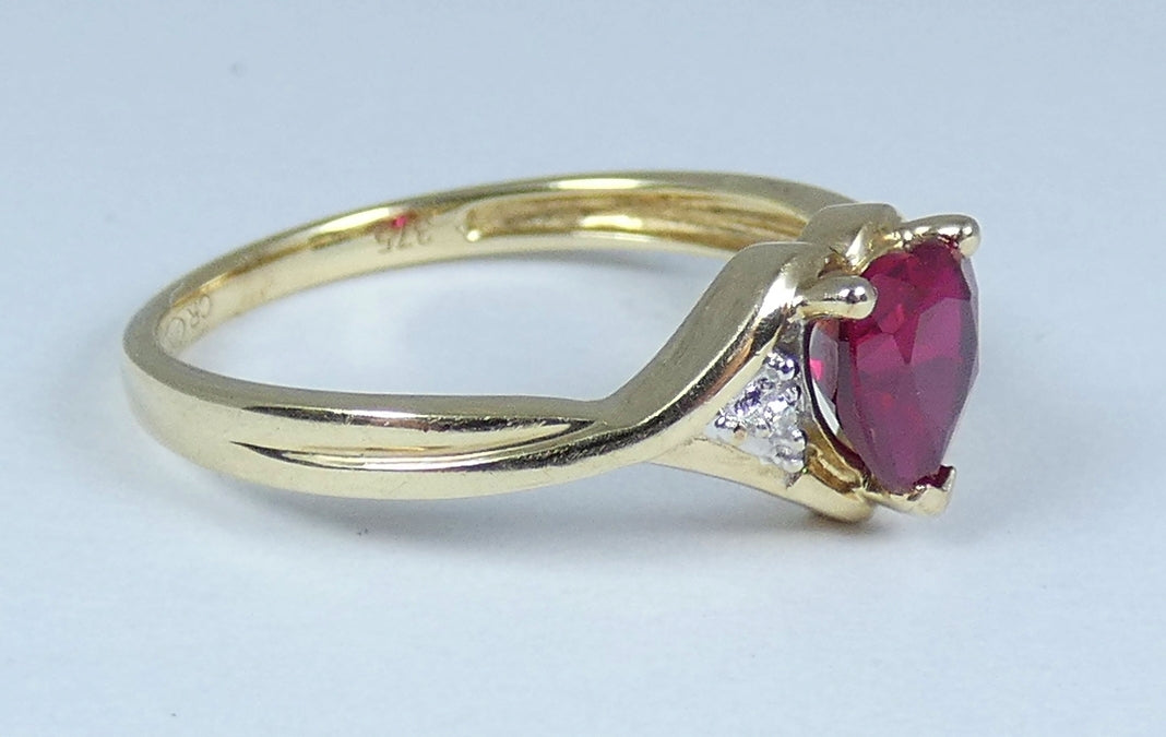 Solid 9ct Yellow Gold Ruby & Diamond Love Heart Dress Ring Size 7.5 O 55 JP88