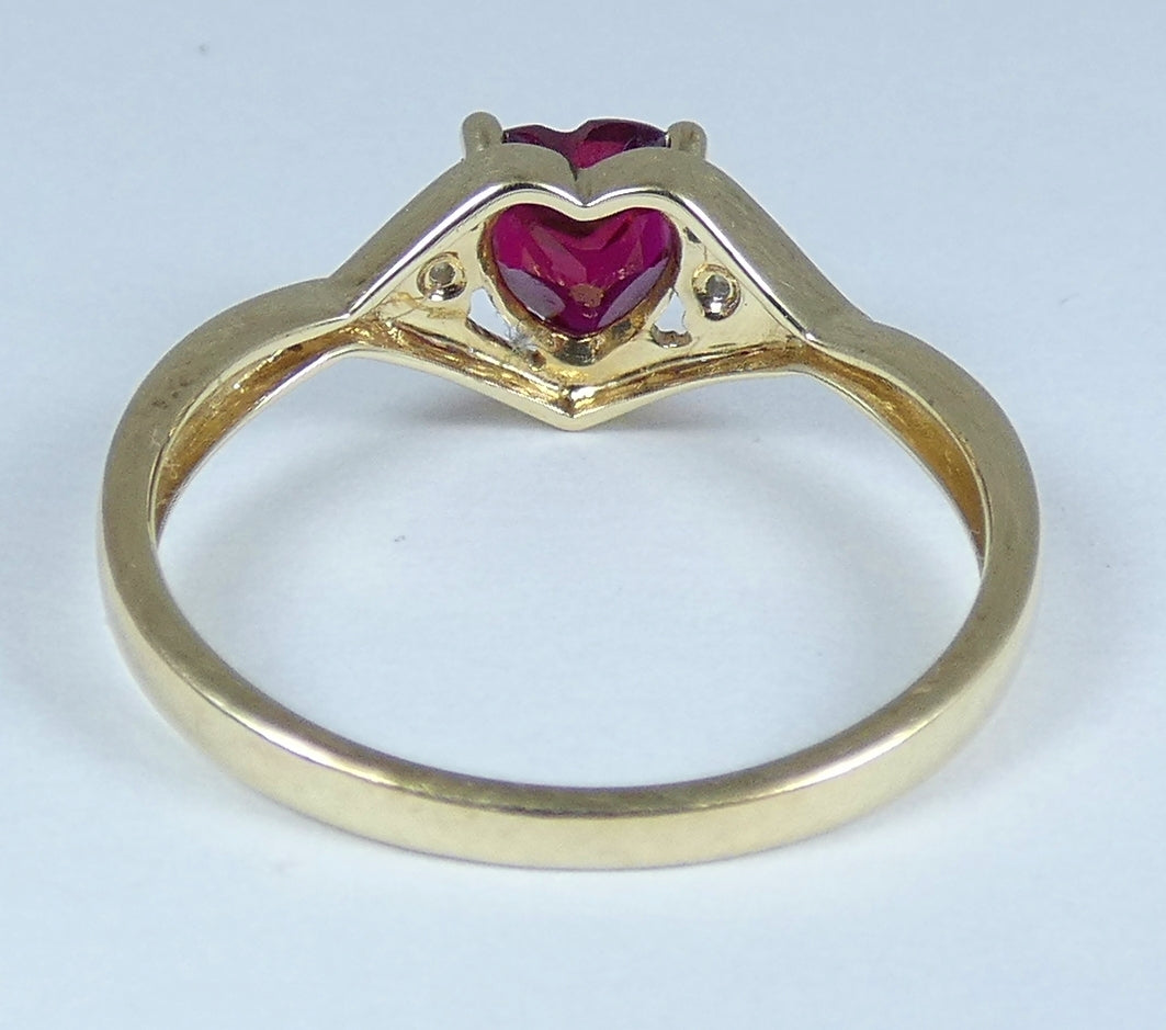 Solid 9ct Yellow Gold Ruby & Diamond Love Heart Dress Ring Size 7.5 O 55 JP88