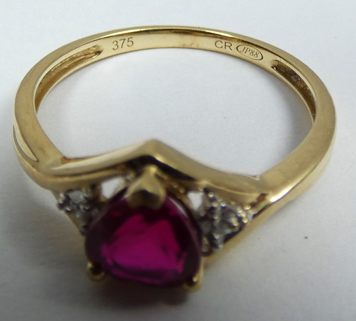 Solid 9ct Yellow Gold Ruby & Diamond Love Heart Dress Ring Size 7.5 O 55 JP88