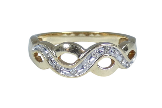 Solid 9ct Yellow Gold & Diamond Twist Swirl Crossover Dress Ring Size 8 P 56