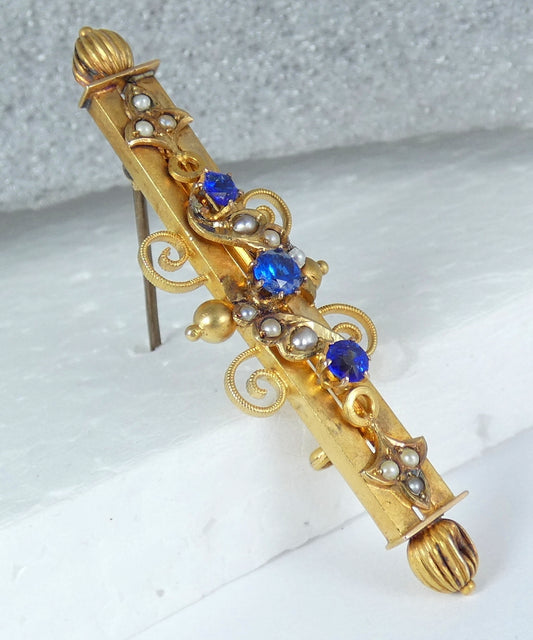 Antique Edwardian 1900 Solid 15ct Yellow Gold Blue Stone & Seed Pearl Bar Brooch